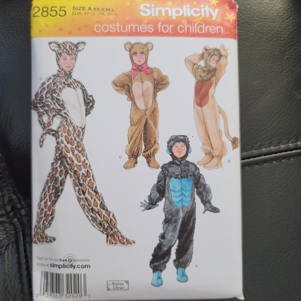 Simplicity 2855 Childrens Animal Costume Sewing Pattern Leopard Bear Lion XS-L